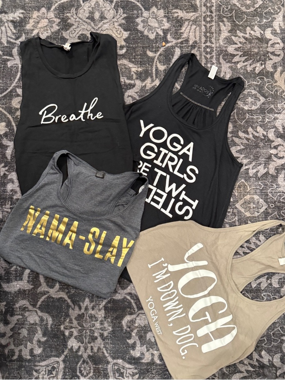 Set of 4 Graphic Yoga Tank Tops - Black, Charcoal, Taupe Sz. Medium